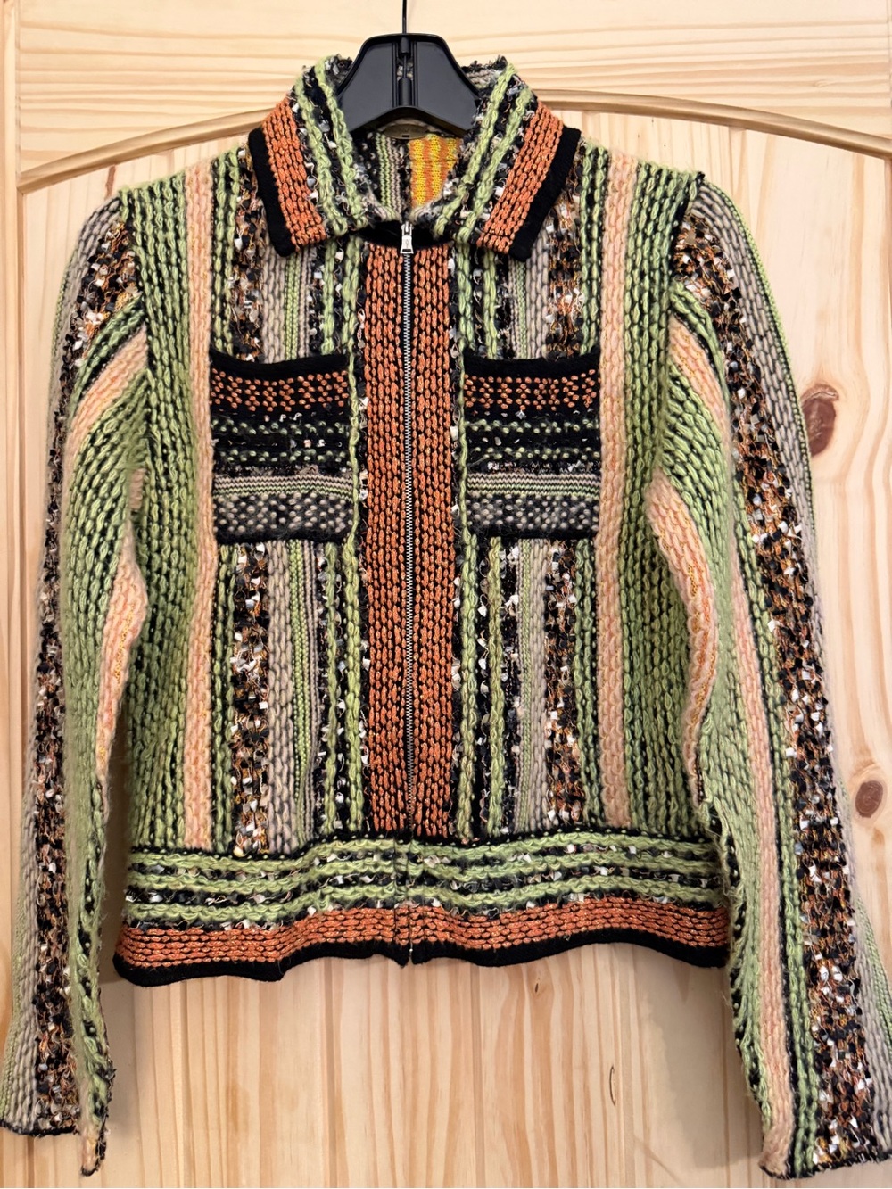 One Girl Who Chunky Multicolor Knit Zip Cardigan - Green, Peach & Black